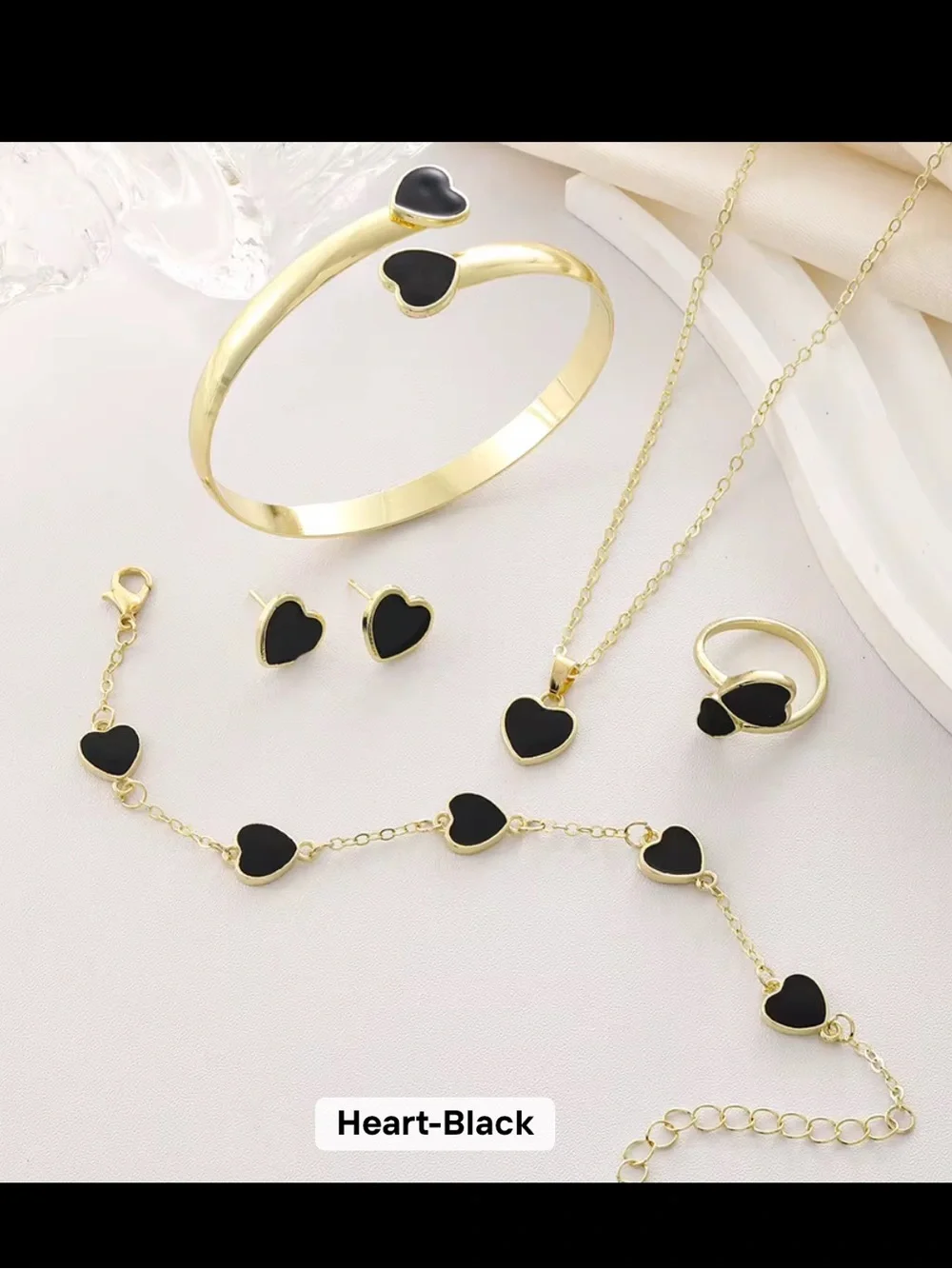 Gold-Tone Black Heart Jewelry Set - Necklace, Bracelet, Ring, Earrings, Bangle